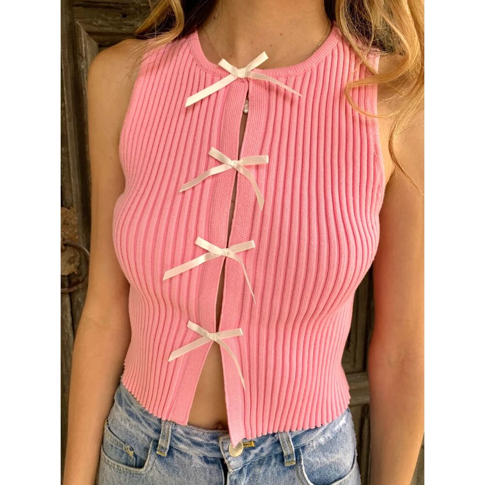 Together-At-Last Pink Bow Button-DownTank - Vestique - Size Small